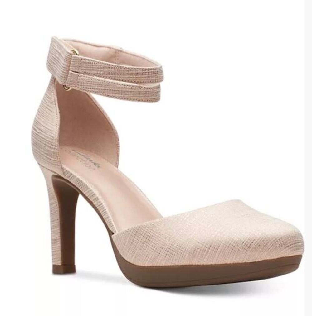 Clarks New Ambyr Ankle Strap Platform 3.5 inch Pumps Sand Metallic Beige 8.5W